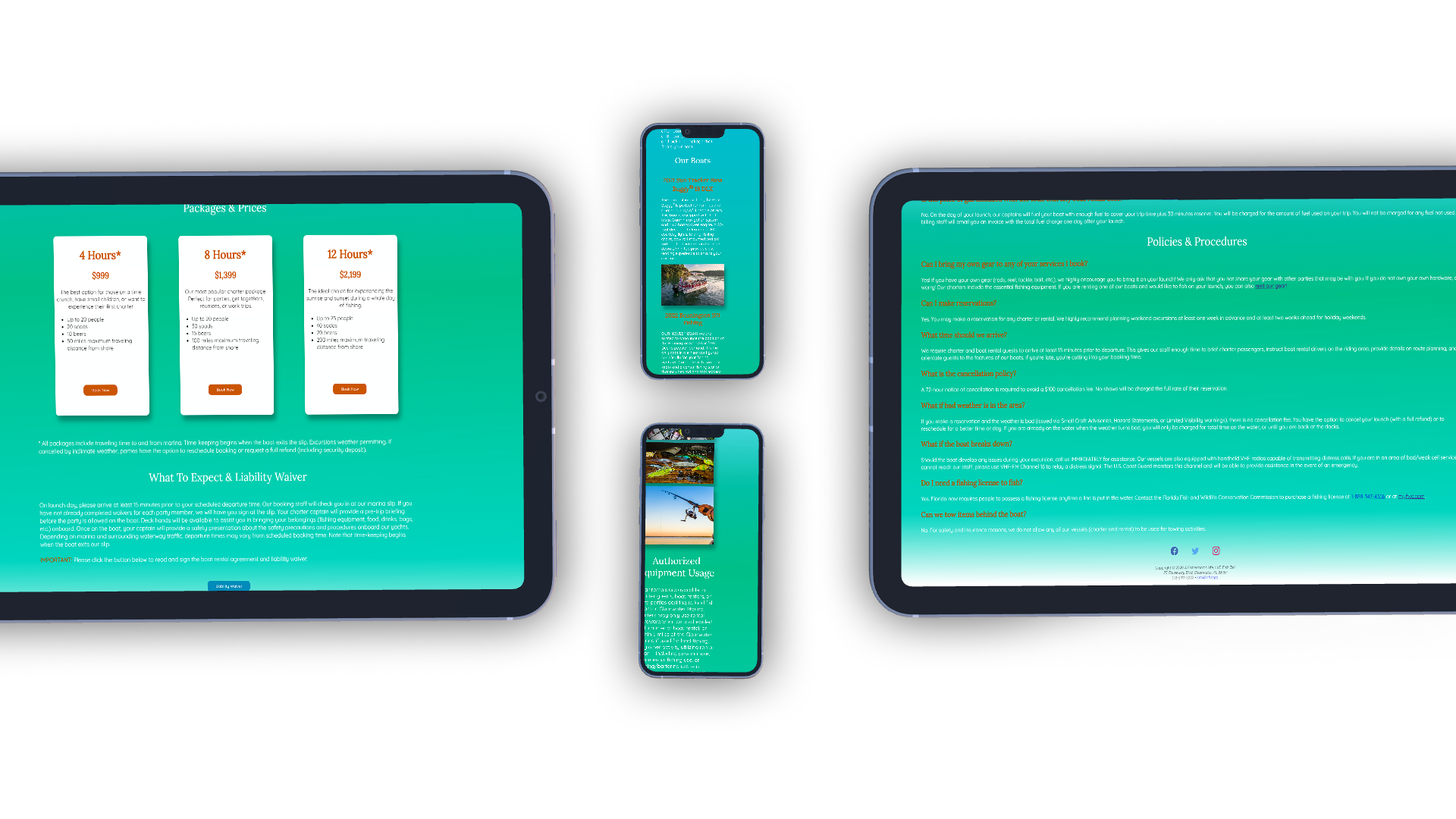 Two iPhones and two iPads showcasing different pages of fictional business website